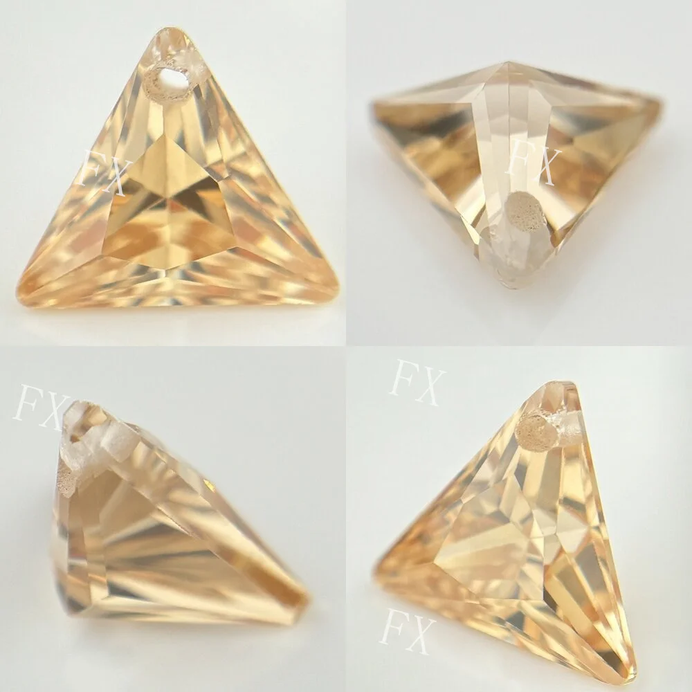 Single Hole Beads Cubic Zirconia Stones 5A Triangle Champagne Stone Loose CZ DIY Jewelry Beads  With Holes Free Shipping