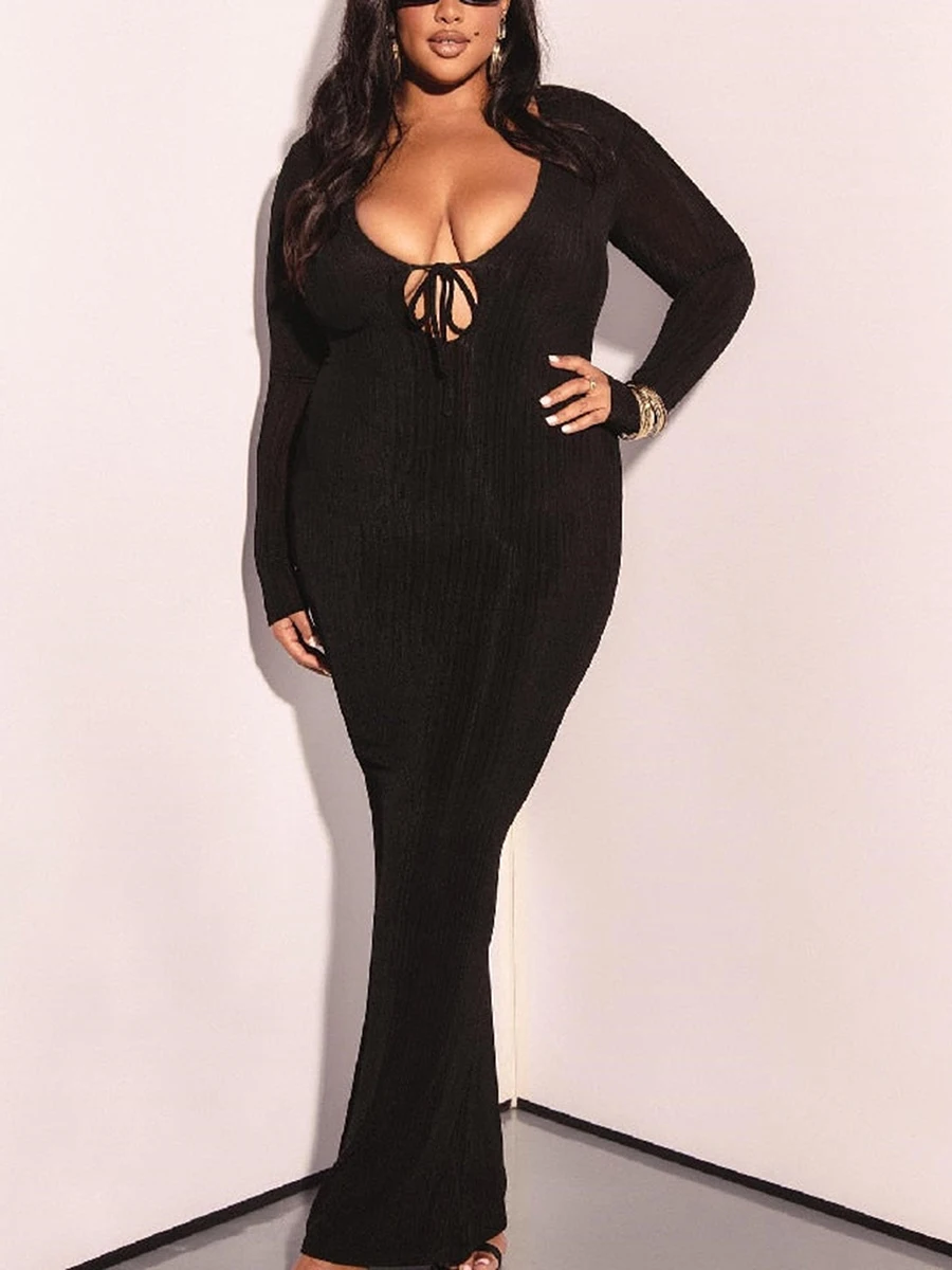 레이스업 디테일과 긴 소매가 있는 우아한 브이넥 맥시 드레스 공식 행사 및 파티를 위한 솔리드 컬러 바디콘 드레스