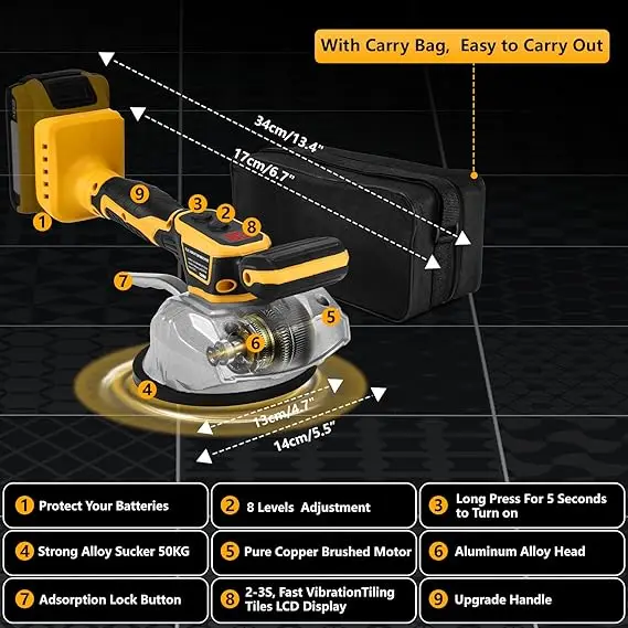 8Speed Tile Tiling Machine Cordless Electric Tile Vibrator Wall Floor Digital Display Tile Vibration Tool Compatible with Dewalt