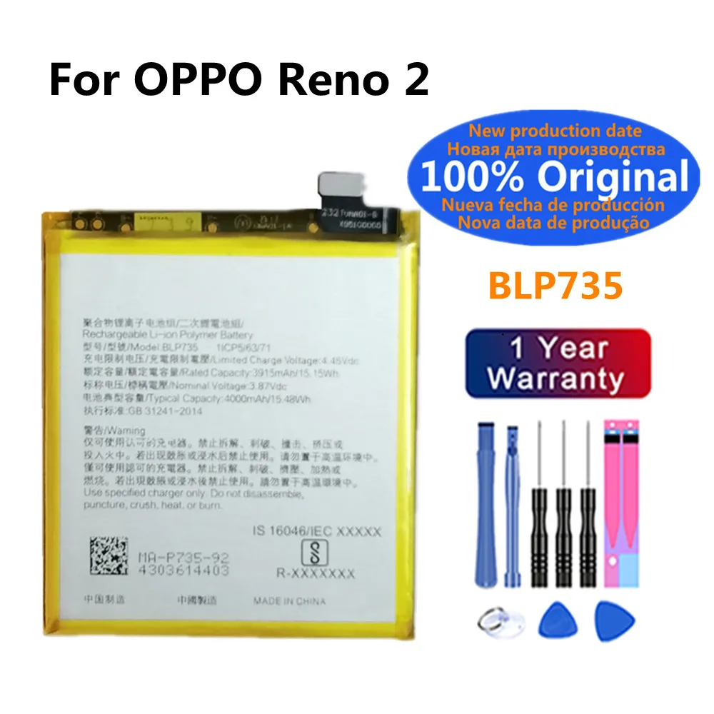 

100% Original New High Quality BLP735 4000mAh Phone Replacement Battery For OPPO Reno 2 Reno2 Rechargeable Batteries Bateria