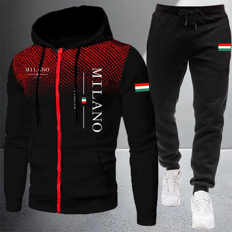 Autumn Winter Men's Jacket Tracksuit Printing Zip Hooded Sweatshirt Coat Outdoors Sports Clothes 2026 Casual Single Tops Pants