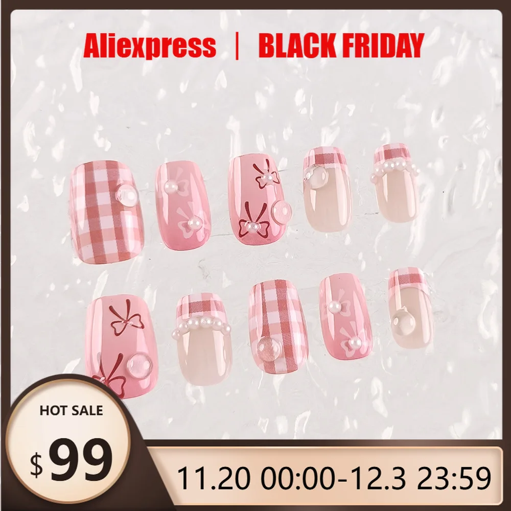 

10 шт. розовые квадратные короткие ногти с бантом в клетку и узорами «кошачий глаз» блестящая однотонная отделка модные ногти ручной работы