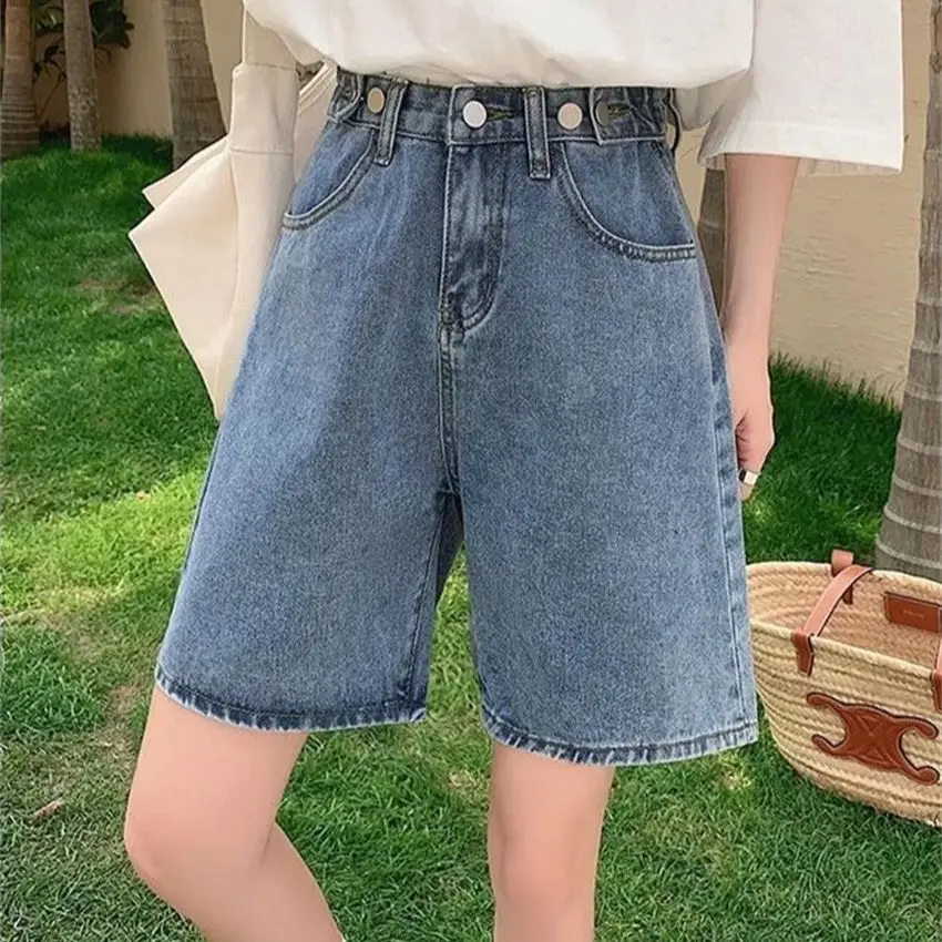 

Fashion Women Summer High Waist Five-Point Denim Shorts Hollow Thin Loose Wide-Leg Jeans Pants Girl Casual Clothing