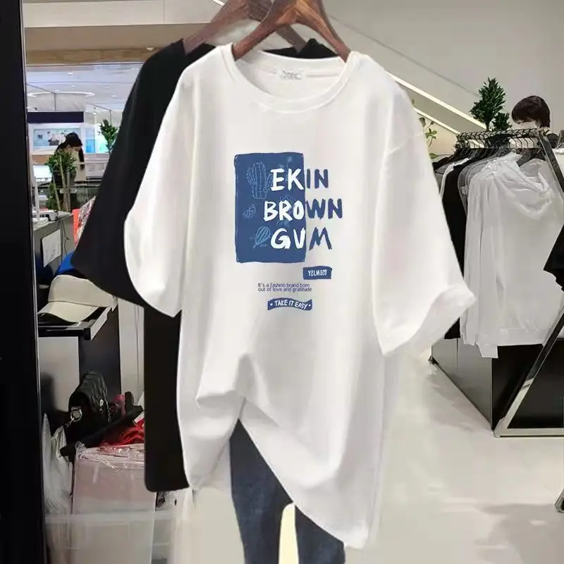 

Summer New Loose Printing All-match Youth Tops Short Sleeve O-neck Black White Casual T Shirts Fashion Vintage Women Clothing