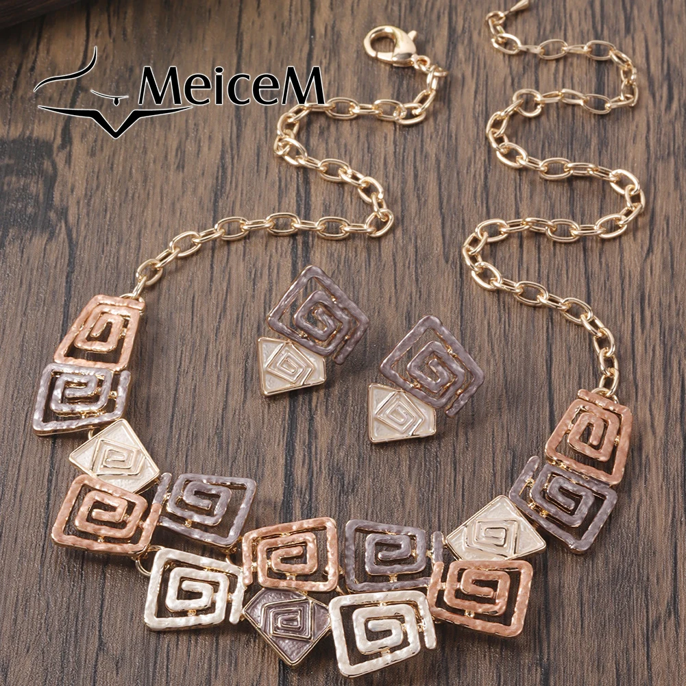 MeiceM Jewelry Set Zinc Alloy Colorful Geometric Irregular Spiral Design Necklace And Earrings Temperament Jewelry Set For Women