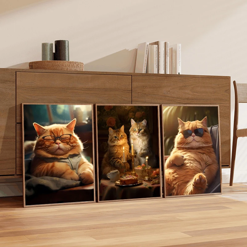 Fat Cat Beer Pub Bar Drink Rich King Eat Pizza Read Book Cute Poster Print Wall Art Pictures Diamond Painting Room Home