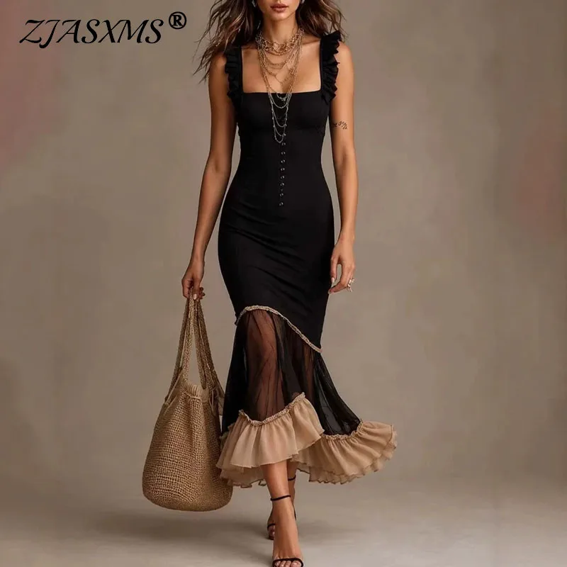 Square Bodycon Hips Dress Ladies Solid Ruffle Spaghetti Strap Tierred Mesh Sheer Hem Dress Summer Elegant Mermaid Cocktail Dress