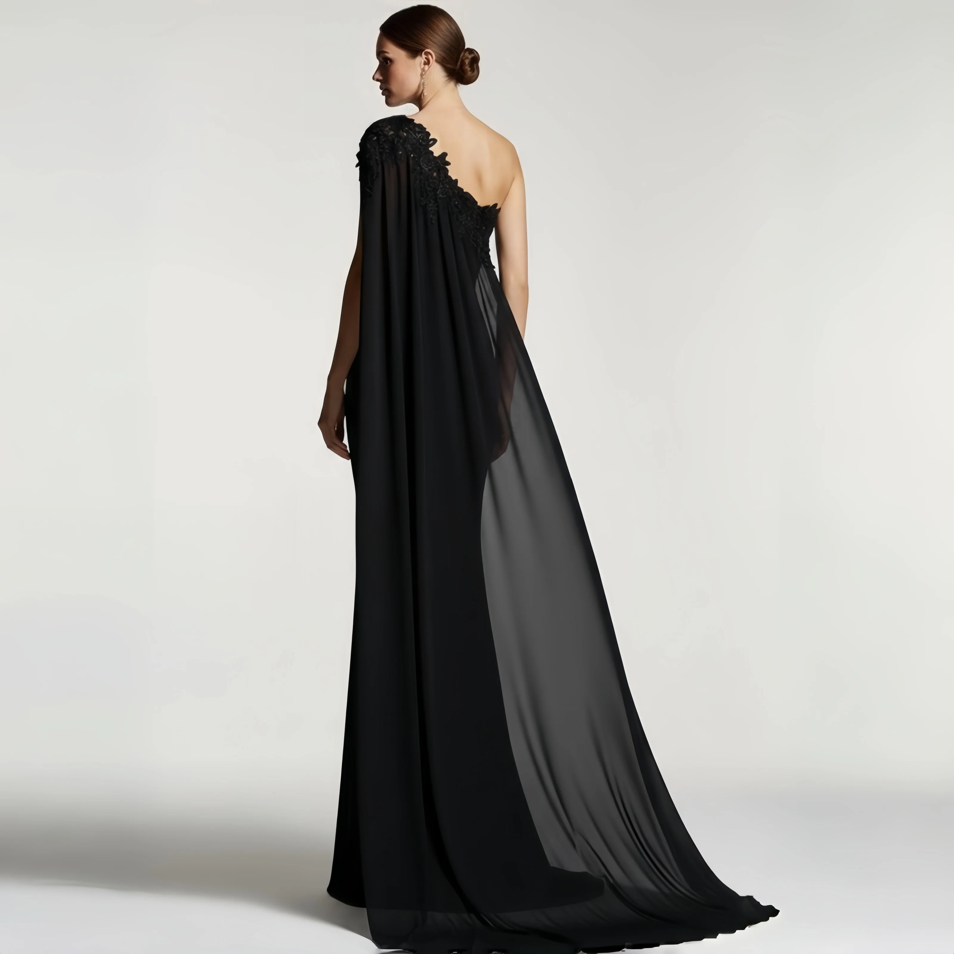 One Shoulder Cape Evening Gown 3D Floral Lace Appliqué Mermaid Black Floor Sweeping Dress Dubai Arabic EID Banquet Party Custom