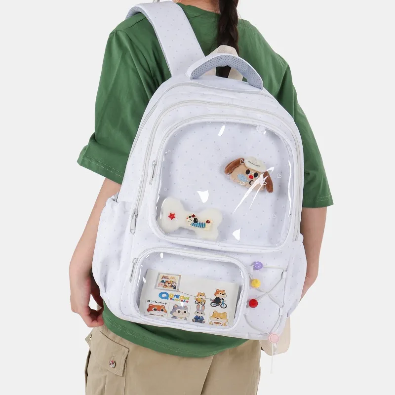 Cute Clear Window Backpack for Teen Girls Kawaii Large Capacity School Bag Lightweight  Multi Pocket Casual Daypack Students