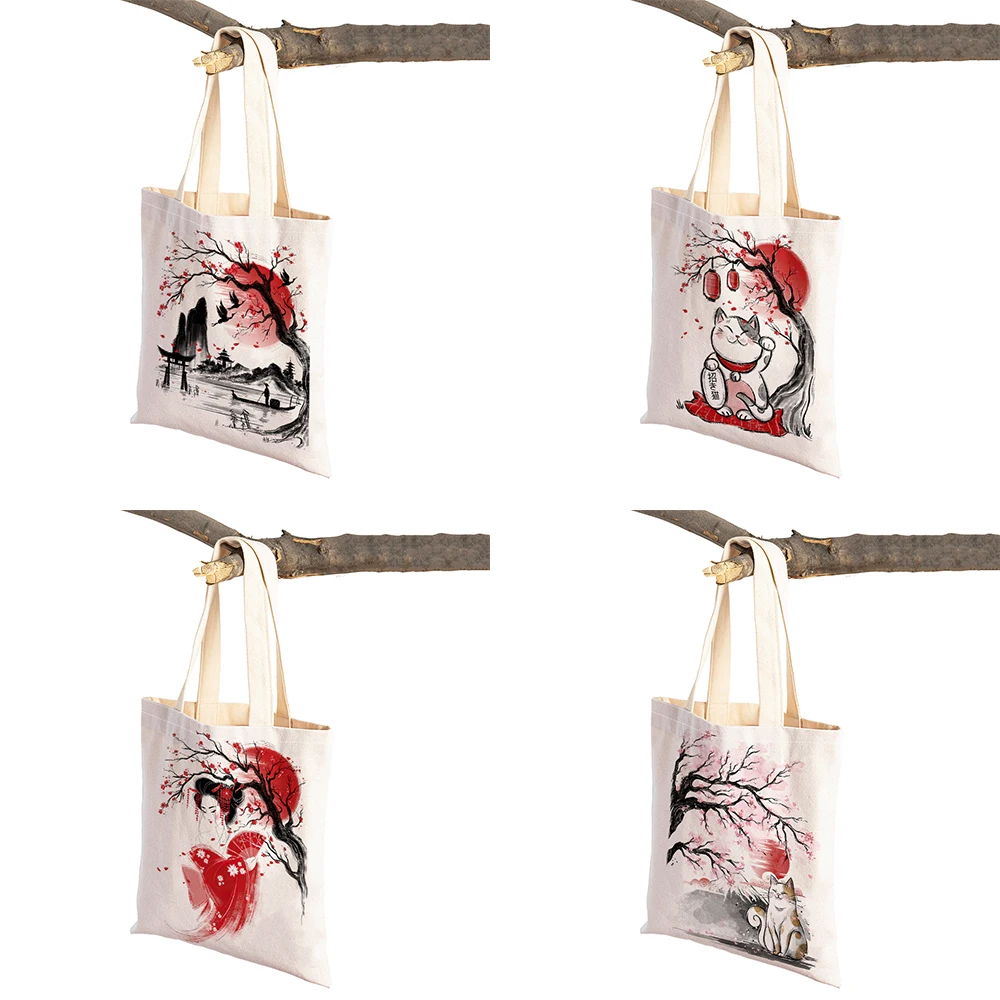 Japanese Koi Gru Japan Dream Deer Cat Sakura Women Shopping Bags Double Print Casual Linen Eco Handbag Shopper Bag Lady Tote