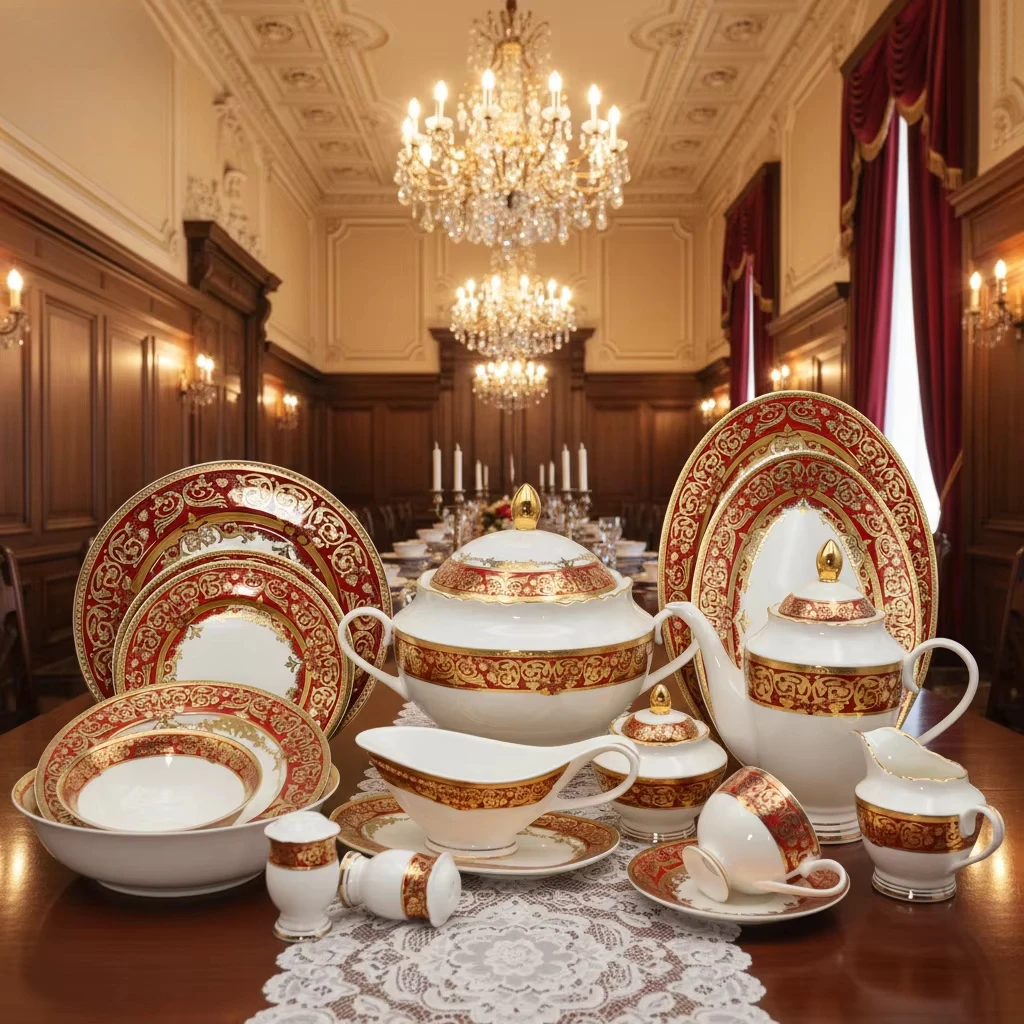 98 Royal Style Embossed Gold Red Tableware Set for 12 People Exquisite Porcelain Deluxe Plate And Bowl Set