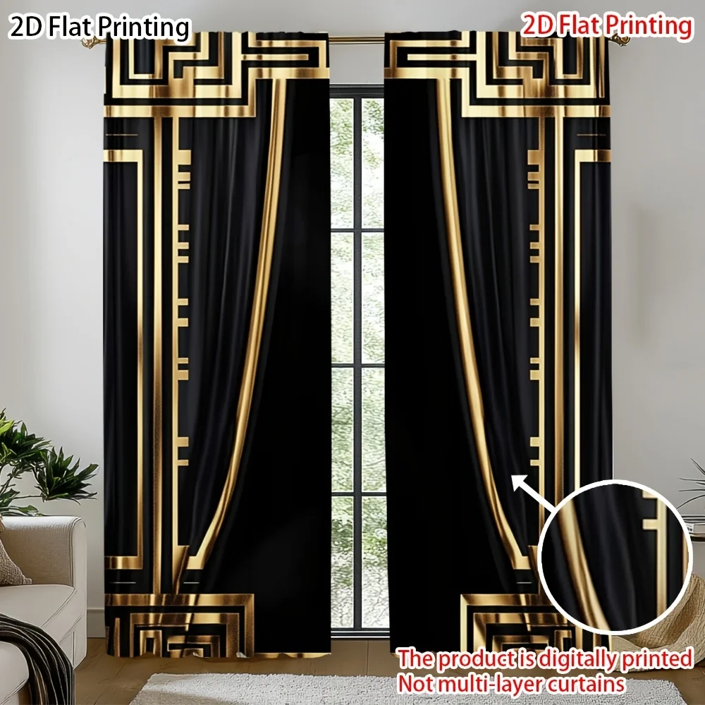Elegant Black and Gold Geometric Print Curtain Panels for Living Room Home Decor Window Treatment
