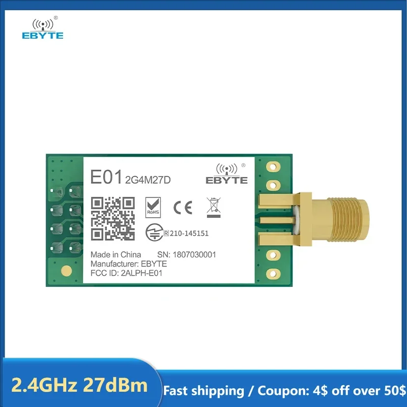 

Модуль беспроводного приемопередатчика nRF24L01 PA LNA nRF24L01P, 2,4 ГГц, 27 дБм, большие расстояния, маленький размер для умного дома, E01-2G4M27D