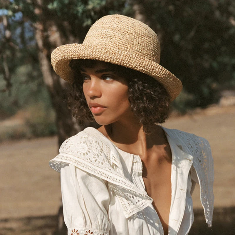 Provence Raffia Crochet Hat Women 10cm Wide Brim Sun Beach Hat Handmade Soft Top Straw Bucket Cap Foldable Packable Holiday 2026