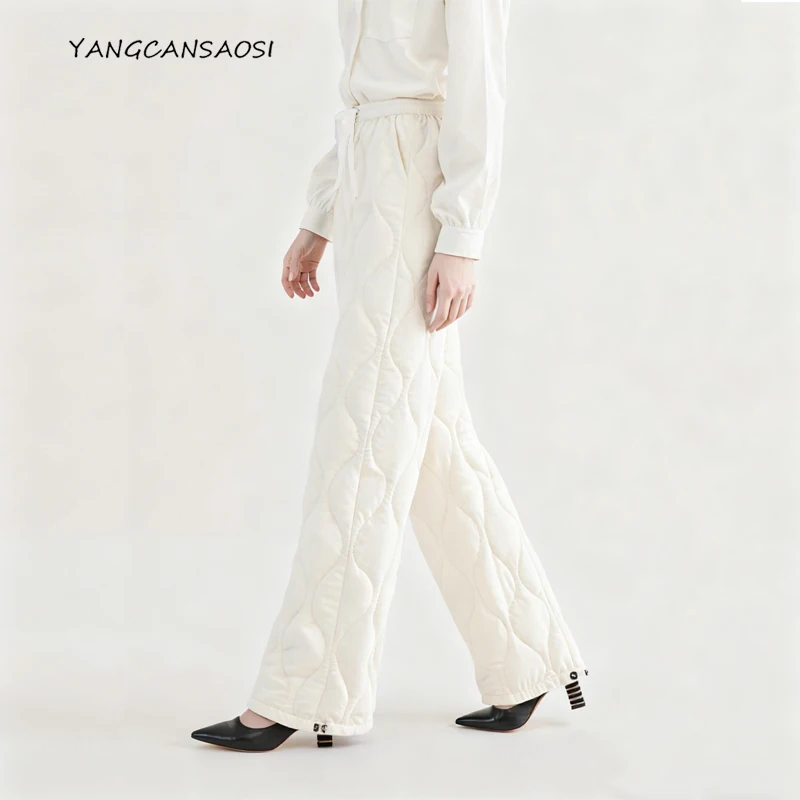 

Женские осенне-зимние новые повседневные термобрюки из натурального шелка шелковицы с эластичной резинкой на талии и завязками на талии, прямые повседневные термобрюки