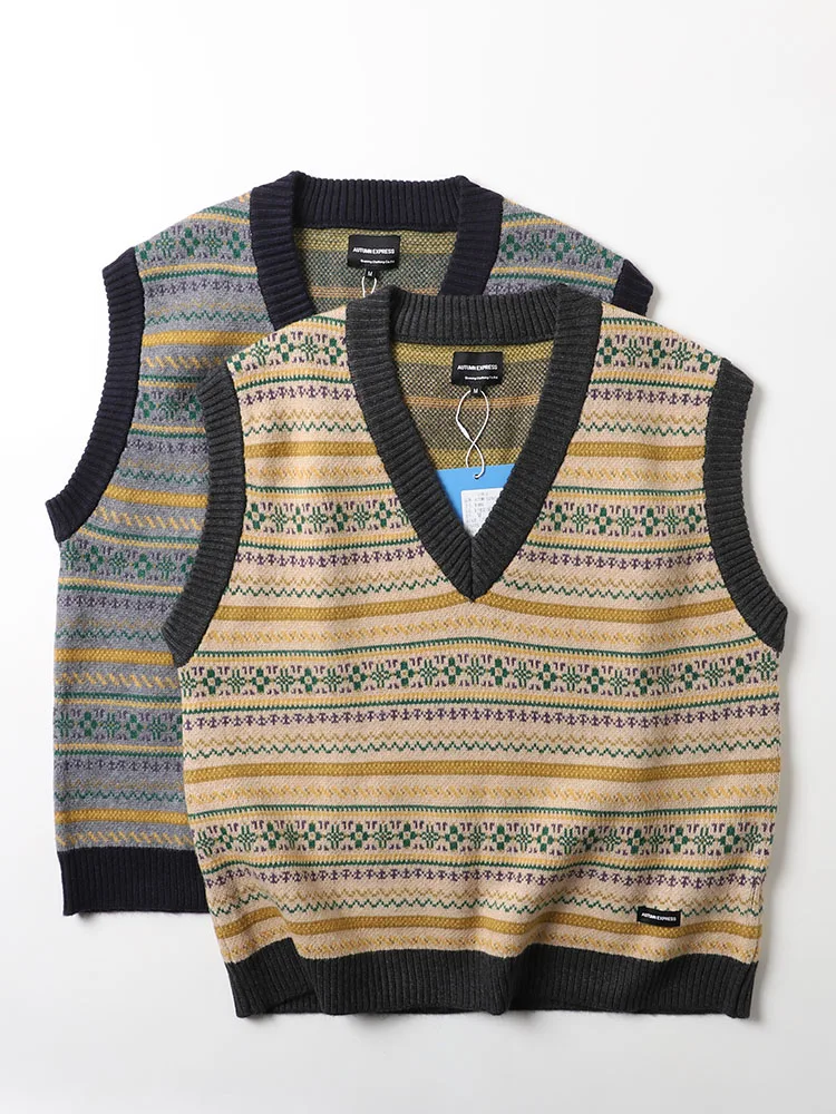 

American Sle Khaki Retro Ethnic Weave V-Ne Pullover Knitted Vest Men's Heavy Casual Sweater Trendy No-Sve Youthwear