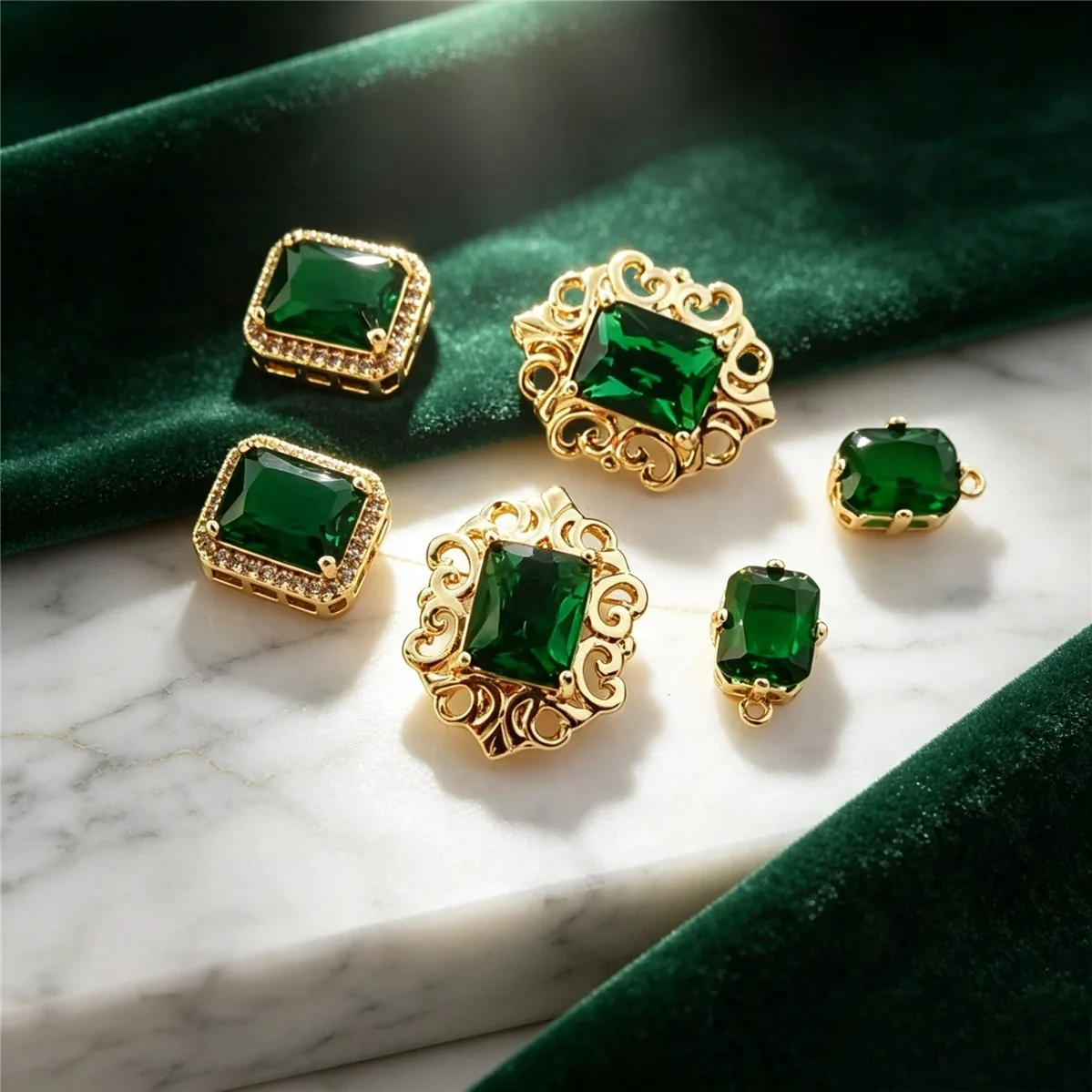 Gold Plated Vintage Rectangle Green CZ Pendants Retro Palace Style Charms For DIY Necklace Bracelet Earring Jewelry Making Suppl