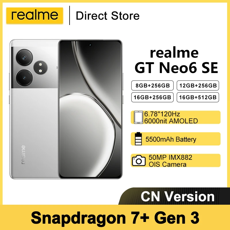 

realme GT Neo6 SE 3rd Generation Snapdragon 7+ Flagship Core 6000nit''120Hz AMOLED 5500mAh 100W Ultra Long Battery AI 5G