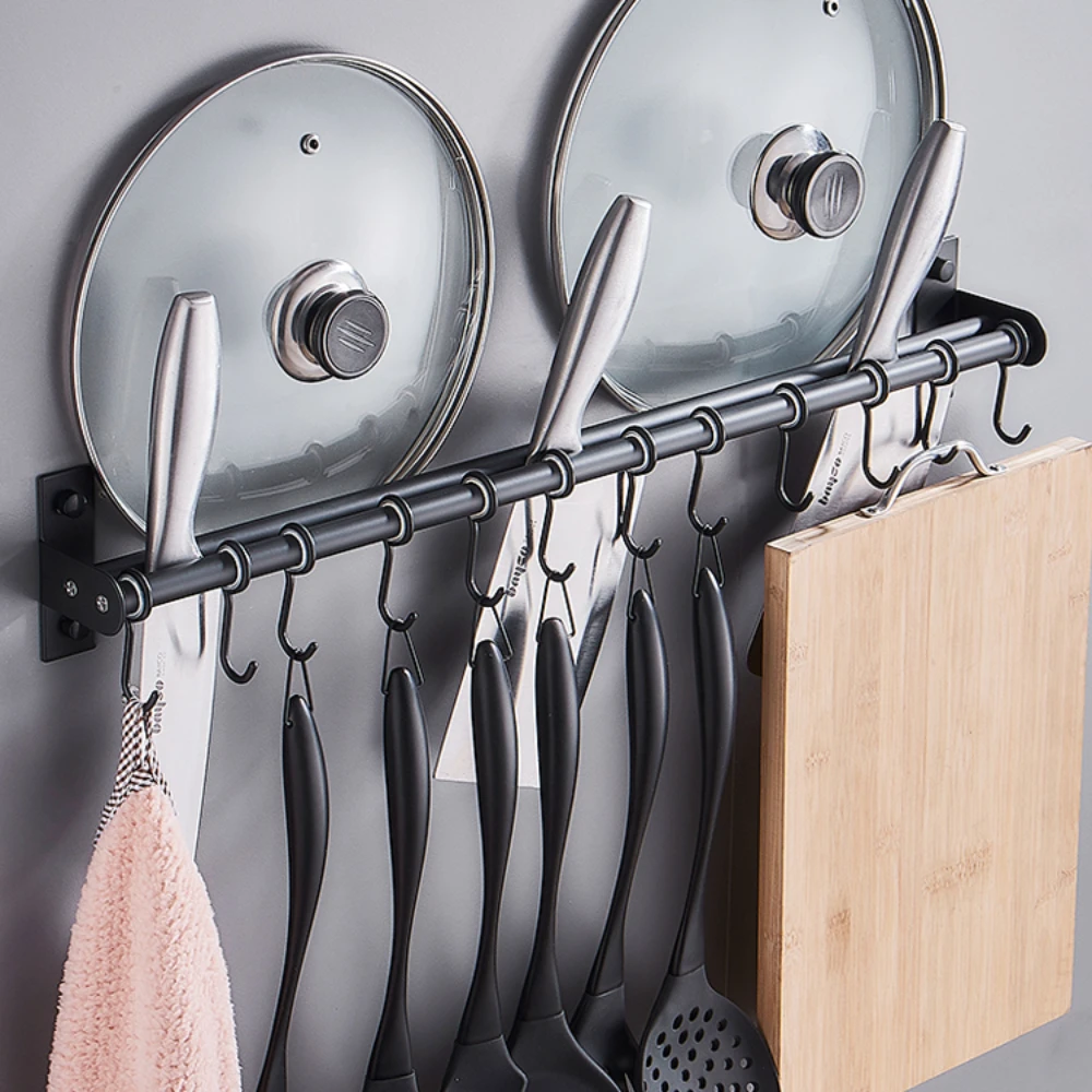 Kitchen Utensil Rack Pots and Pans Hanging Rack Wall Mounted Stainless Steel Lid Cooking Utensil Hanger Sliding Hooks for Spoon