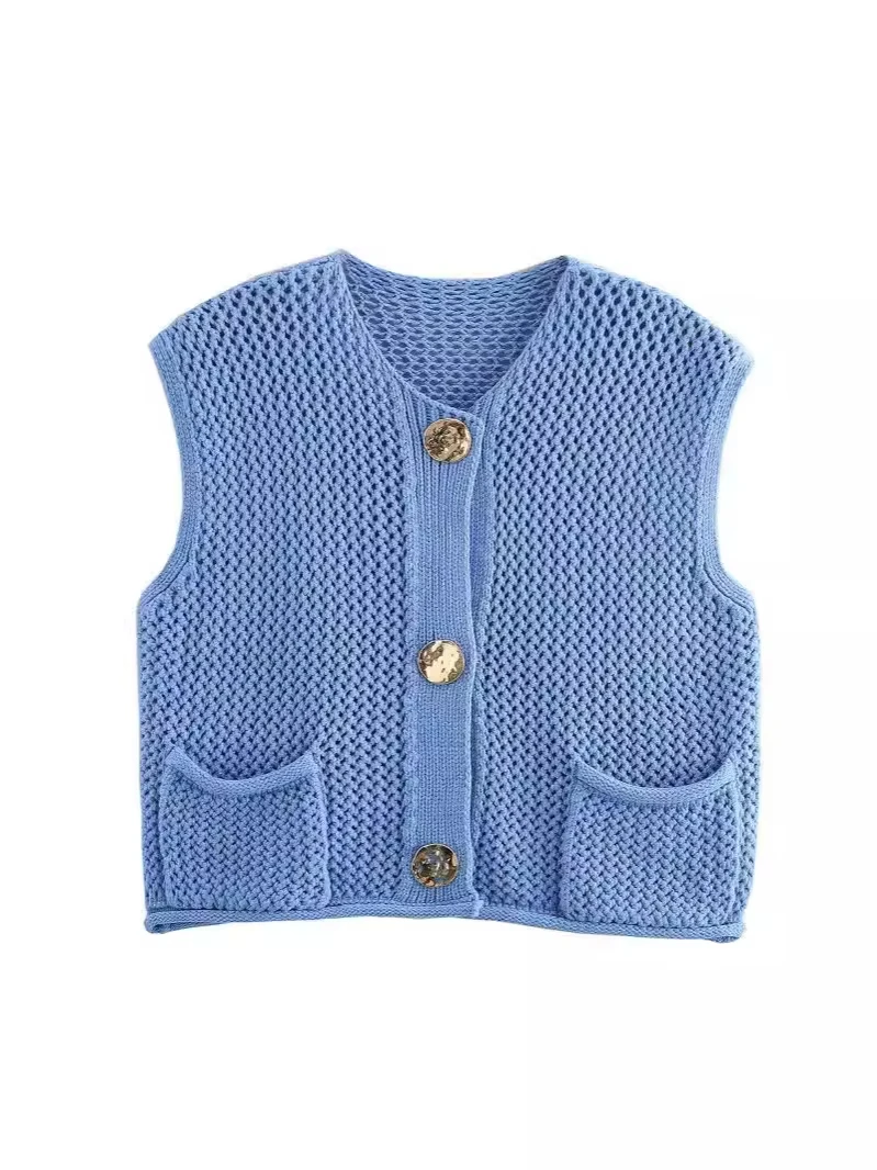 Women's Fashion Sleeveless Cardigan Waistcoat Top Coarse Needle Knitting Vest Sweater with Chic Big Pockets Patch Buttons