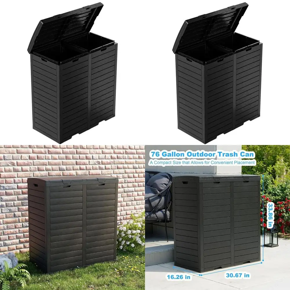 

76 Gallon Black Outdoor Trash Can with Dual Lid and Pull-Out Liquid Dispenser for Patio and Backyard