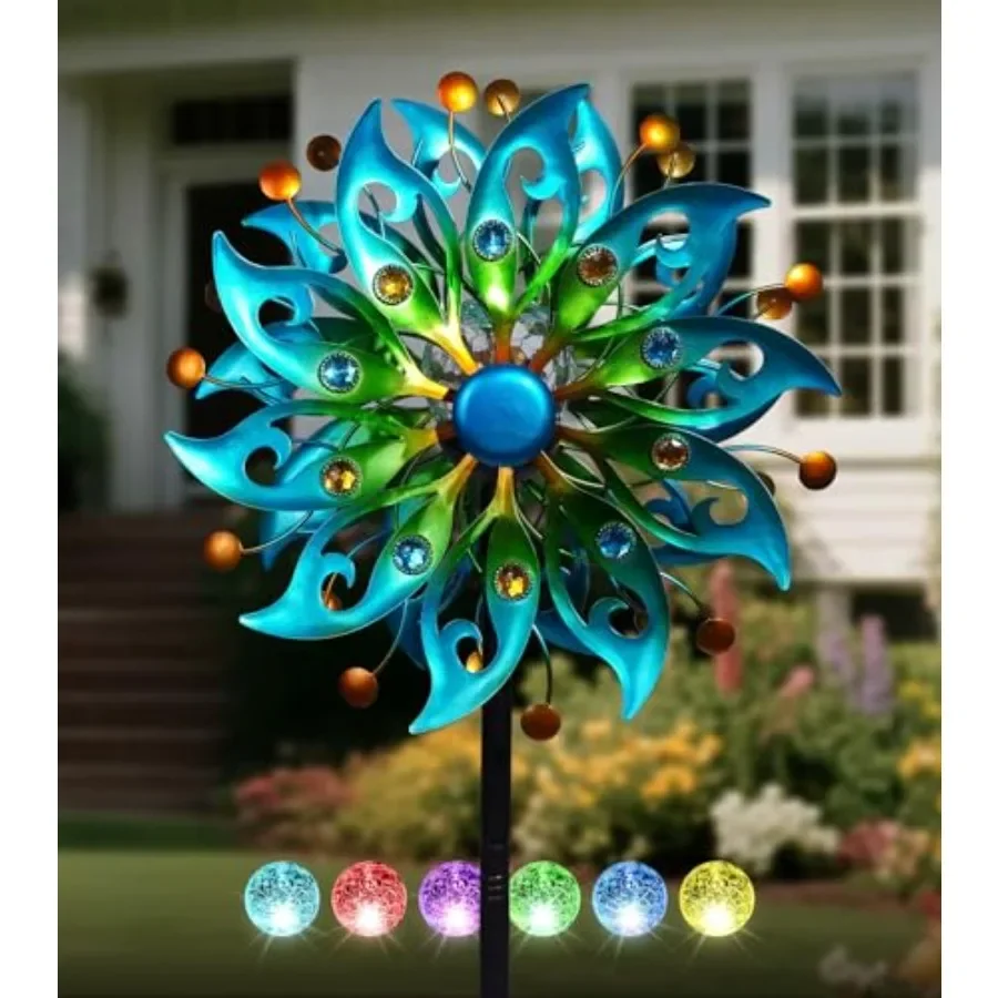 

Solar Wind Spinners Outdoor H63xW13 Metal Kinetic Garden Spinner with Crackle Glass Ball and Built-in Solar Panel Peacock-Style