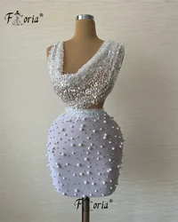 Pearls Sequin White Cocktail Dress Sleeveless Custom Made Beads Short Prom Vestidos de gala Mini Birthday Party Evening Wear New