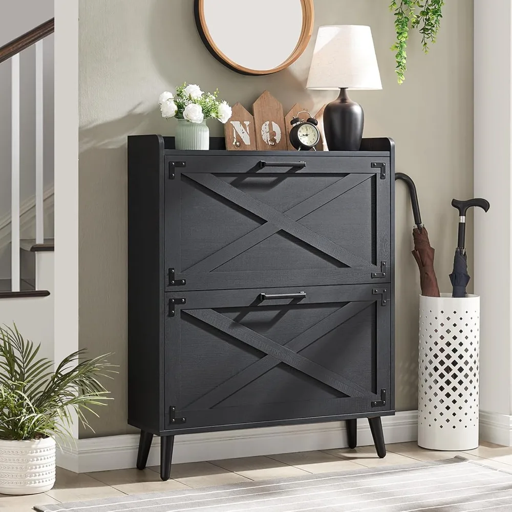 

Shoe Storage Cabinet, Farmhouse Shoe Organizer with 2 Flip Drawers & Barn Door Design, Freestanding Hidden Slim Narrow Shoe Rack