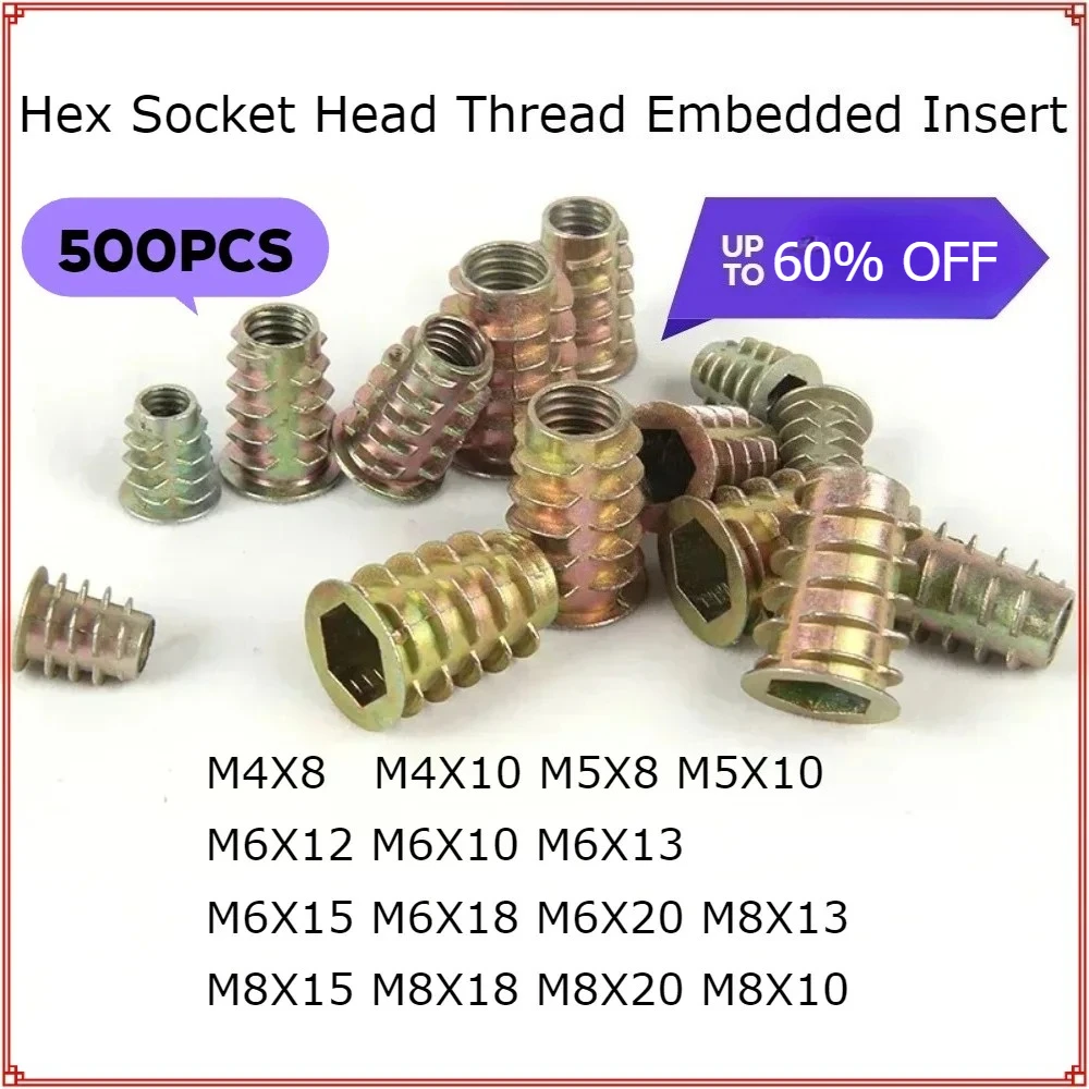 500Pcs M4 M5 M6 M8  Zinc Alloy Thread For Wood Insert Nut Flanged Hex Drive Head Furniture Nuts