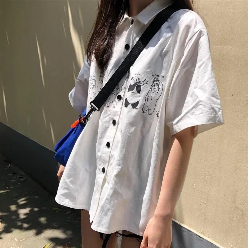 Adrette Übergroße Lose Cartoon Print Frauen Bluse Harajuku Einreiher Grunge Blusas Y2k Ästhetische Casual Weiße Shirts