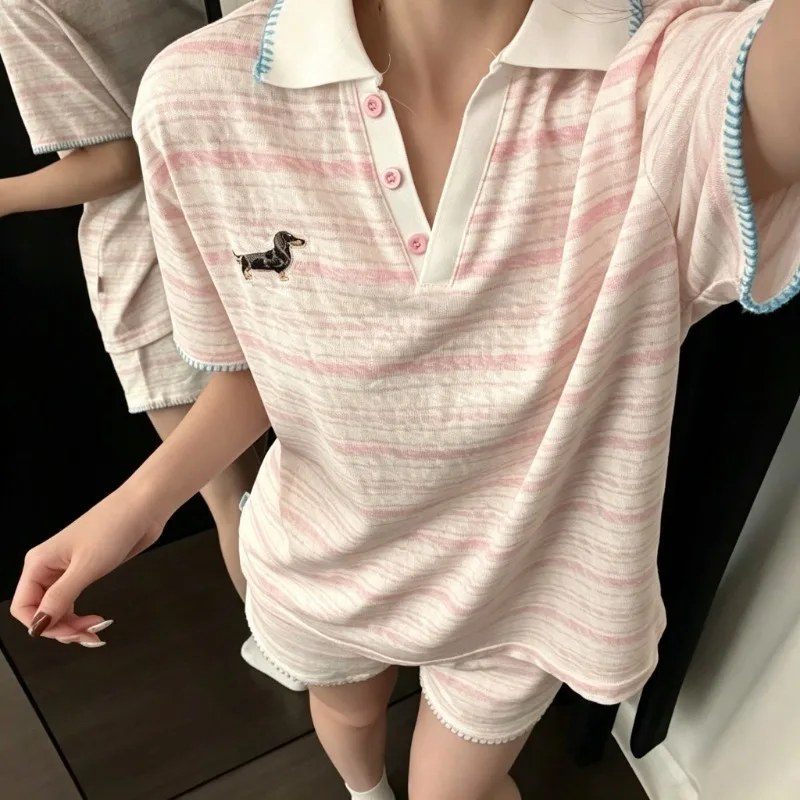 Korean Women Summer Sleepwear Set Light Pink Striped Pajamas Lapel Neck Top Puppy Embroidery Shorts Casual Daily Pajama Suit