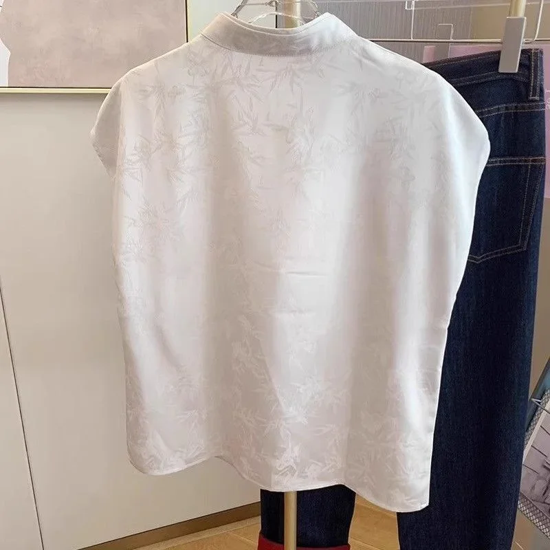Été nouveau Jacquard doux Satin Blouse femmes Style chinois à manches courtes gilet chemise élégante grenouille bouton femmes hauts