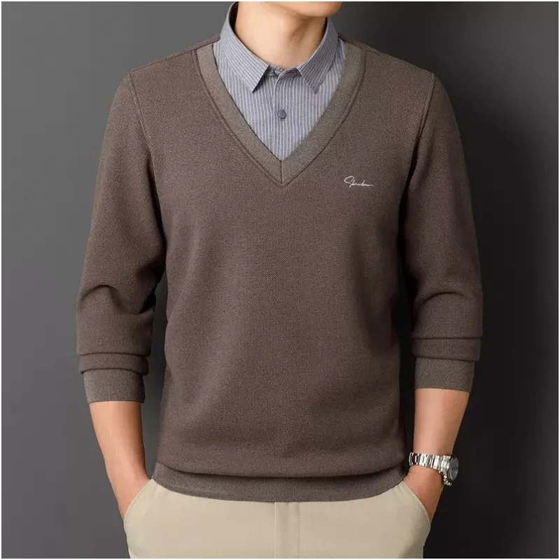 

Fake Two piece Shirts Men's Winter Plush Warm Shirt Tops Business Casual Cold resistant Base Knitted Shirt Long Sleeve Pullover