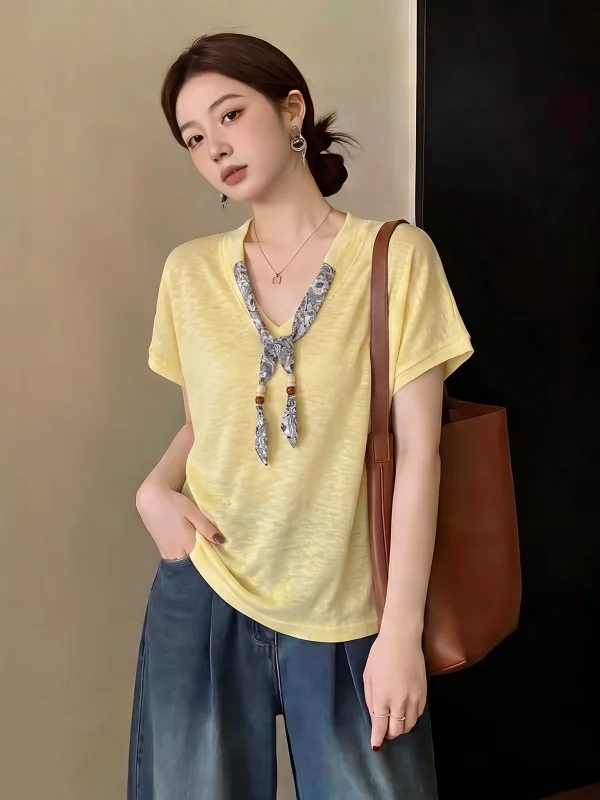 Dopamine Yellow Bamboo Cotton V-neck Short Sleeve T-shirt Women's Summer New plus Size Big MM Silk Scarf Top Korean Style