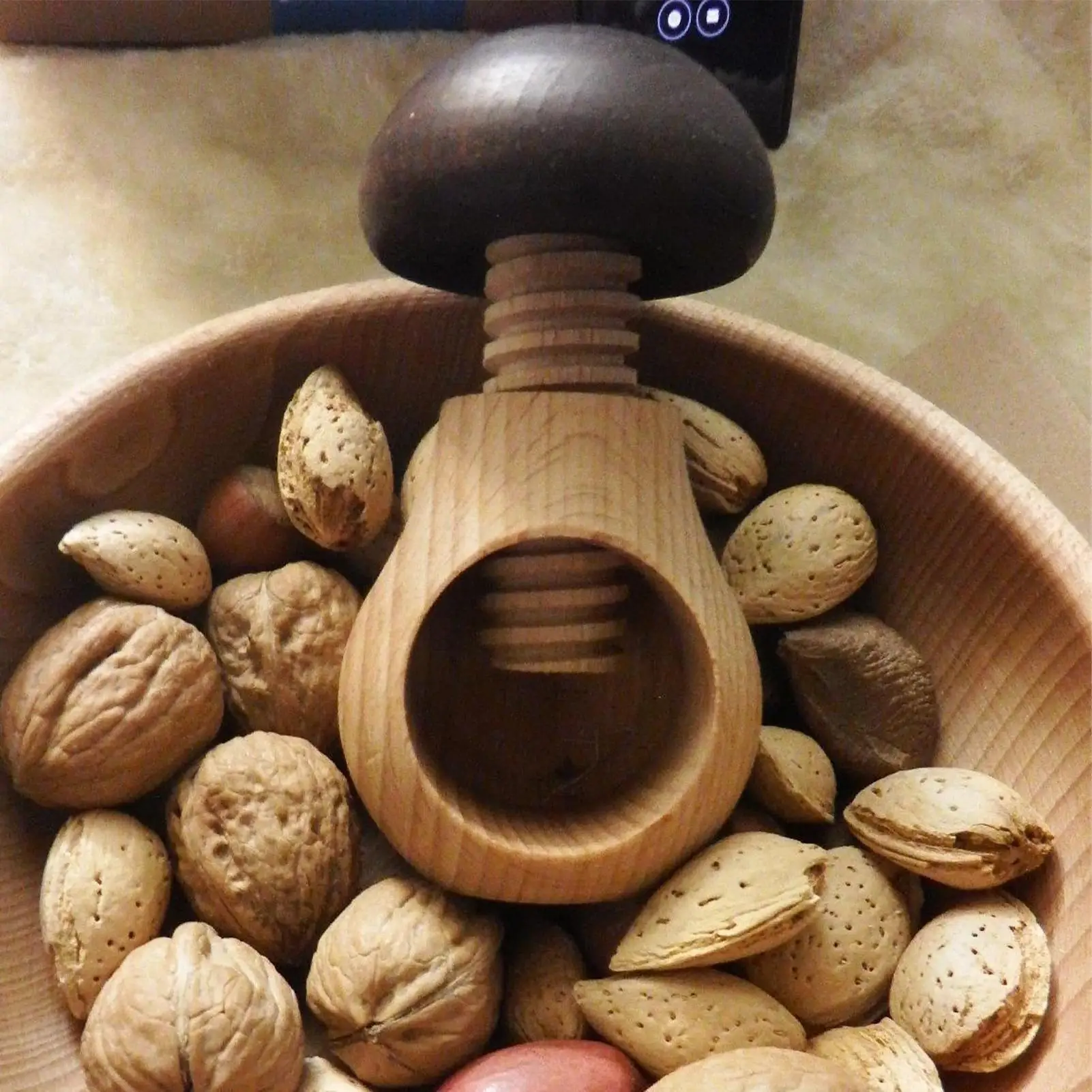 Picture 4: Wooden Nutcracker Tool Handheld Mushroom-Shaped Walnut Cracker Multipurpose Nut Sheller Kitchen Gadget for Chestnut