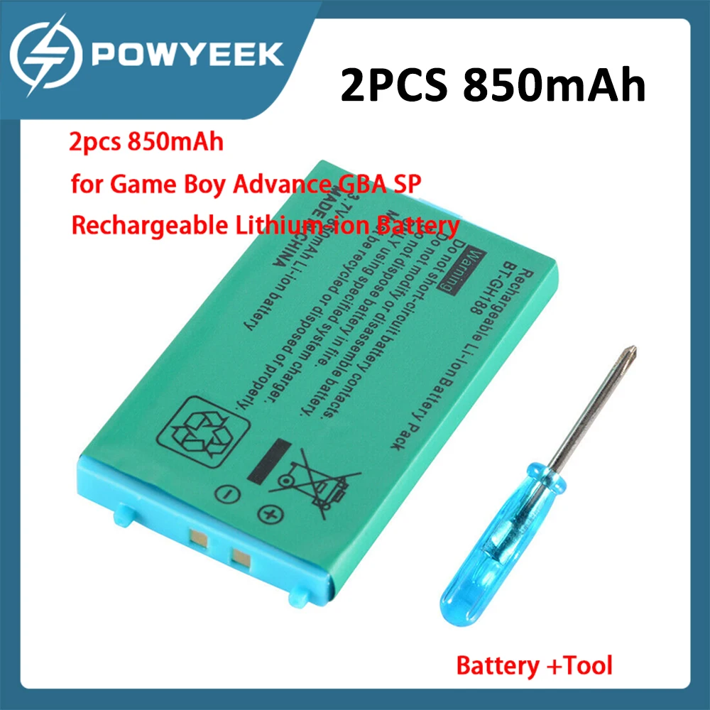 2pcs 850mAh For GBA SP Battery Rechargeable battery Lithium-ion Battery Pack For Nintendo Game Boy Advance （with screwdriver）