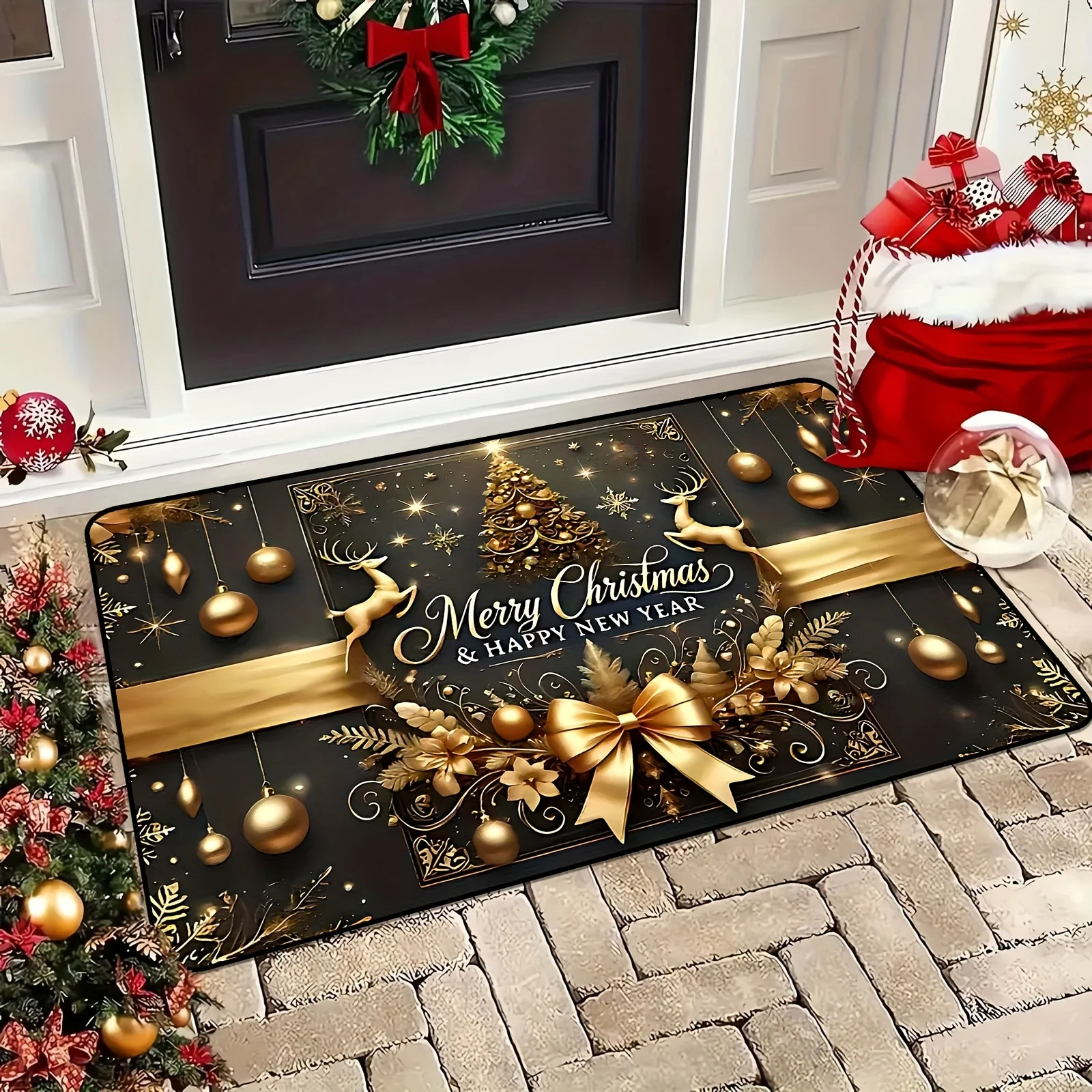 VIKAMA Christmas Doormat Non‑Slip Front Door Rug Washable Indoor Outdoor Xmas Elk Ball Ornament Winter Holiday Mat