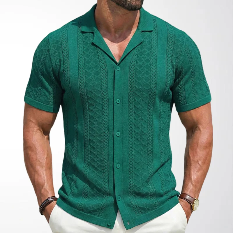 Cuban Collar Men Short Sleeve Knitted Polo Shirt Summer Solid Jacquard Casual Cardigan Tops High Quality Knitting T-shirt SY0194