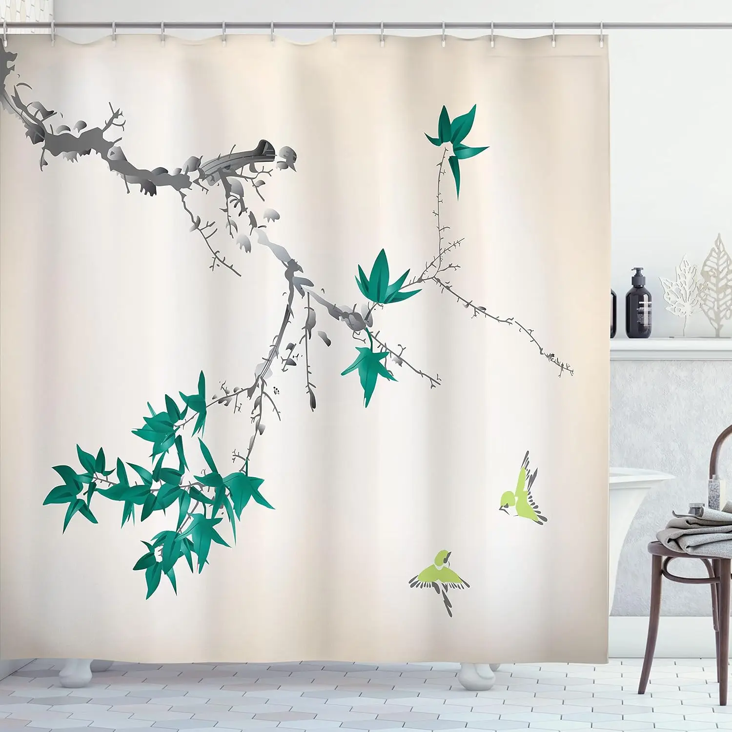 

Minimalist Bamboo Bird Shower Curtain Green Leaves And Flying Birds On Beige Background Eastern Art Style Calming Bathroom Decor
