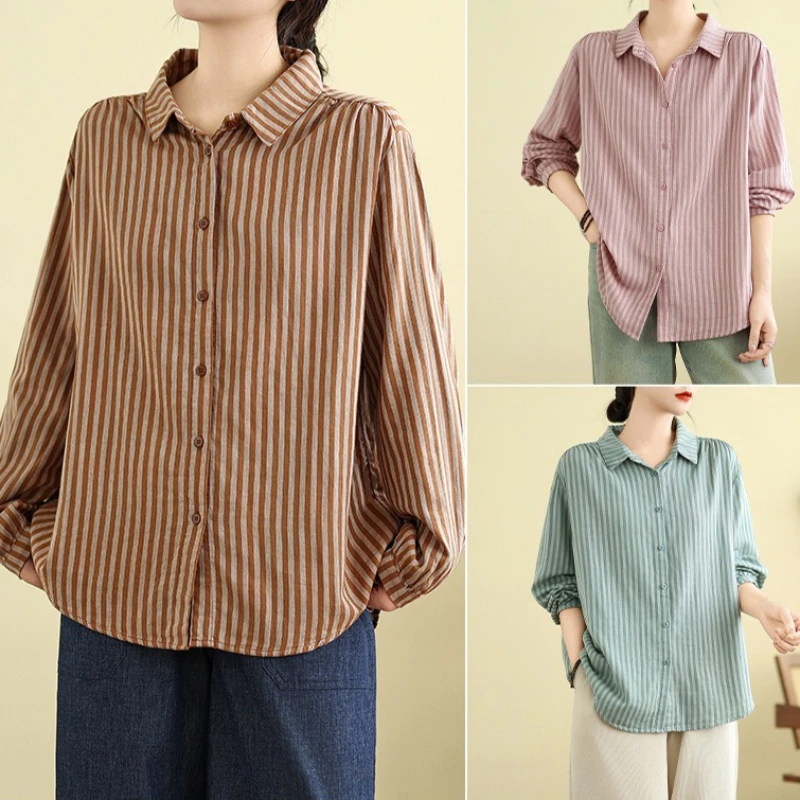 

Blouses Women Shirt Vintage Turn Down Collar Full Sleeve Tops Striped Y2k Streetwear Casual Elegant Splice Shirts 2026 Spring