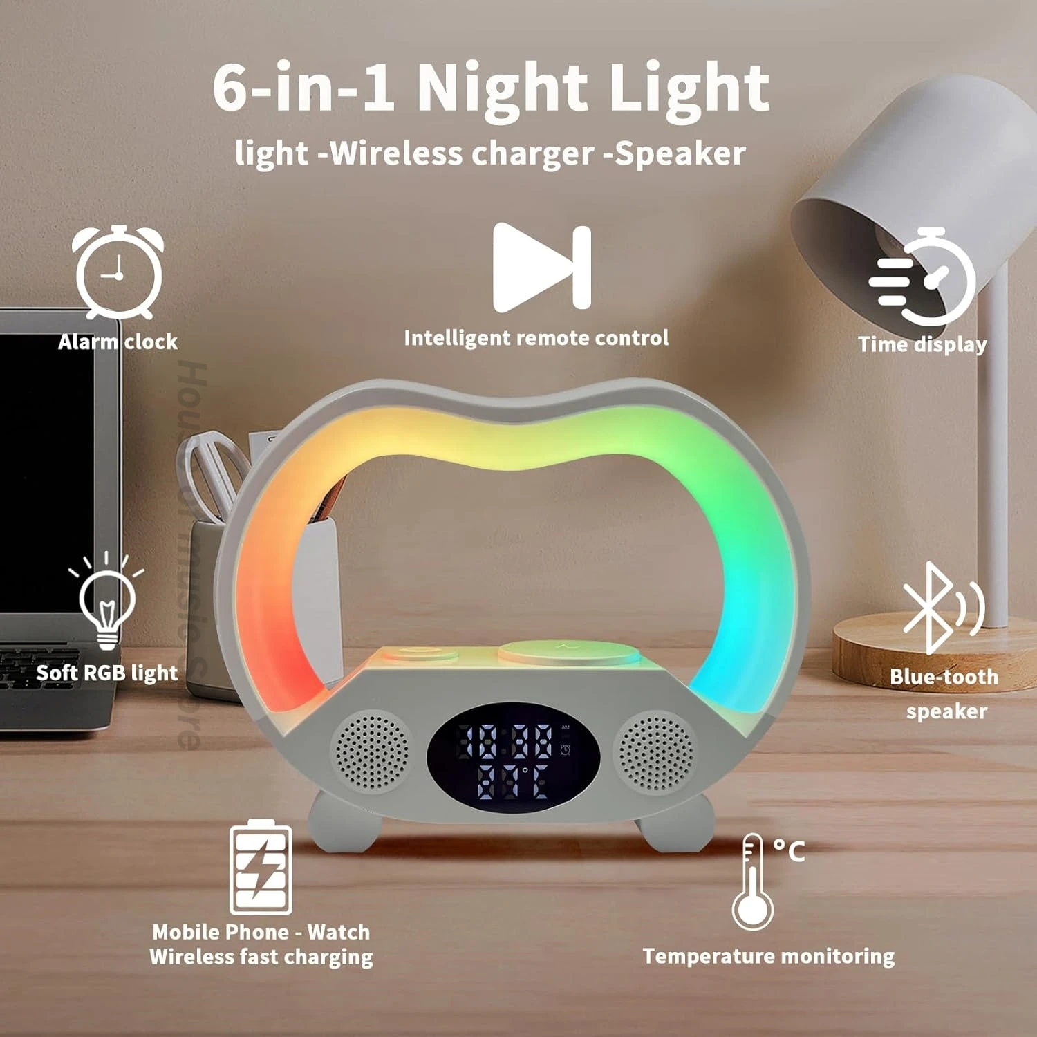 

Multifunctional BT Speaker Lamp 15W Fast LED Wake Up Night RGB Light Charger Alarm Clock Wireless Charger with Watch and Speaker