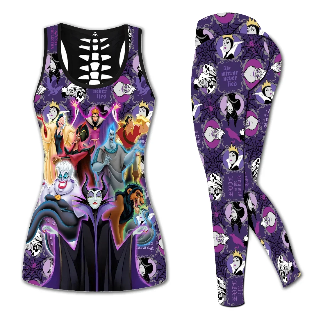 Maleficent Women's Hollow Vest + Women's Leggings Yoga Suit Fitness Leggings Sports Suit Disney Villains Tank Top Legging Set