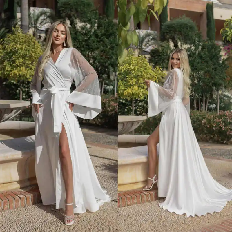 Bride Robe Pearls Long Sleeves White Boudoir Robe Long Gown Silk Bridal Wedding Dressing Women Sheer Lace Robes Bridesmaid Gift