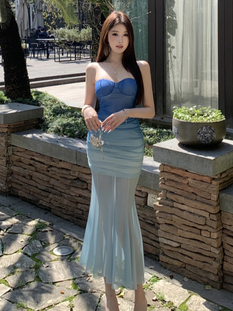 Sexy Gradient Blue Casual Vacation Style Dress for Women Socialite Sweet Strapless Sheer Mesh Fishtail Robe Party Club Vestidos
