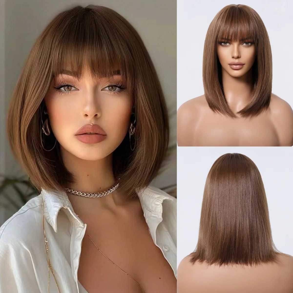 ESIN Honey Brown Bob Synthetic Hair Wig with Bangs Short Straight Wigs for Women Daily Party Fiber Fake Hair Heat Resistant