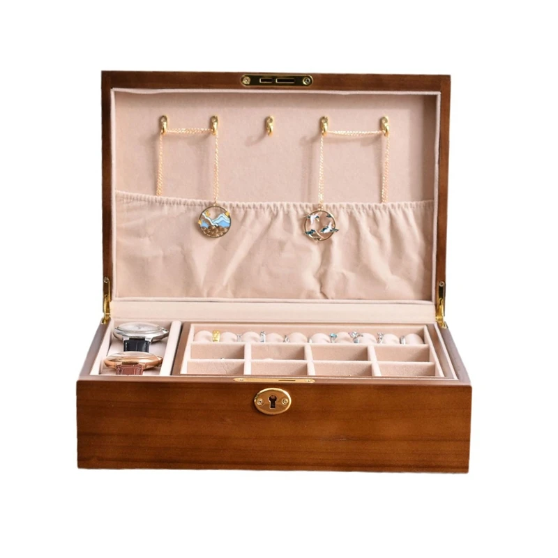 

Wooden Vintage W/Lockable Jewelry Storage Box,Flip-Top Solid Wood Jewelry Box, Large Capacity,Compartment Storage Box