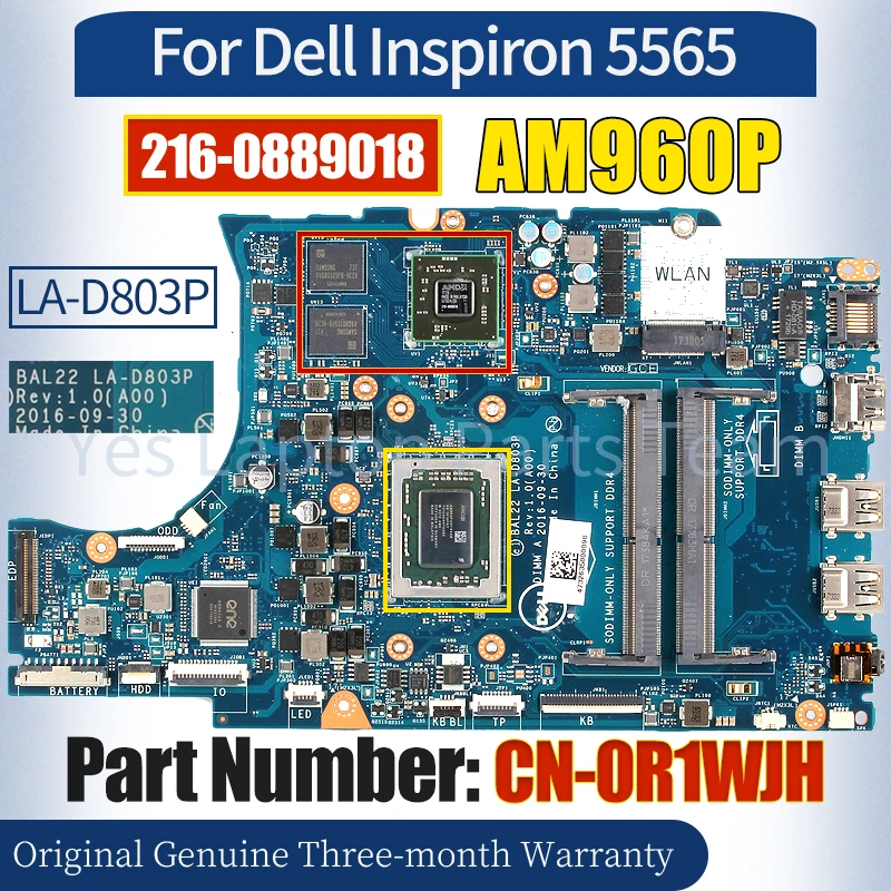 

BAL22 LA-D803P For Dell Inspiron 5565 Laptop Mainboard CN-0R1WJH AM960P 216-0889018 100％ Tested Notebook Motherboard