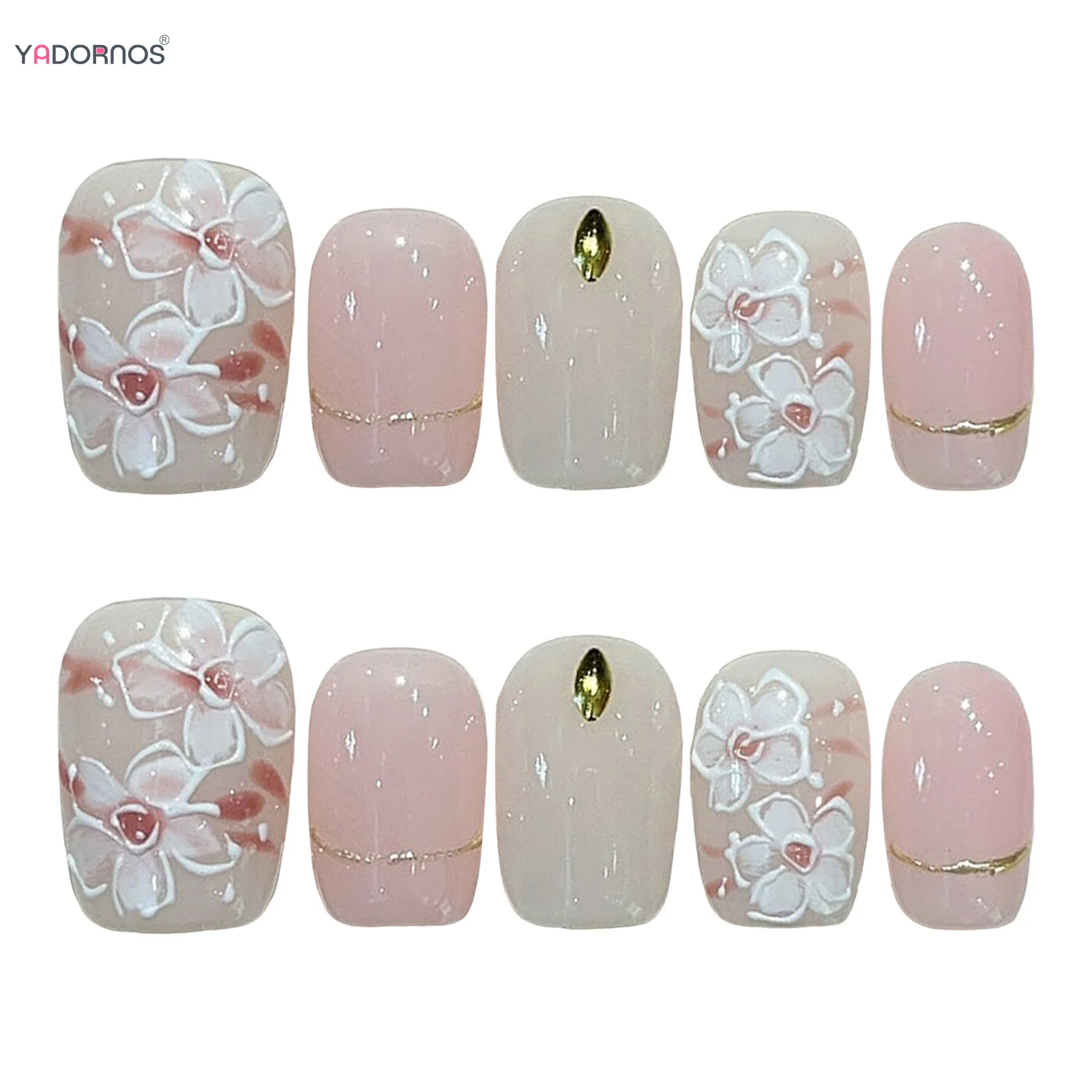 Handgefertigte rosa Nägel zum Aufdrücken, 10 Stück, kurze oder mittlere T-Kunstnägel mit Blumendekorationen, vollständige Abdeckung, wiederverwendbare Maniküre für Frauen