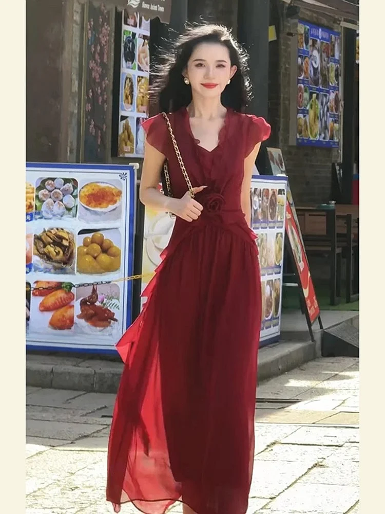 

Винтажное красное летнее платье Ele для женщин: приталенное, с завышенной талией, в корейском стиле, однотонное, с V-образным вырезом, для офиса и повседневной носки