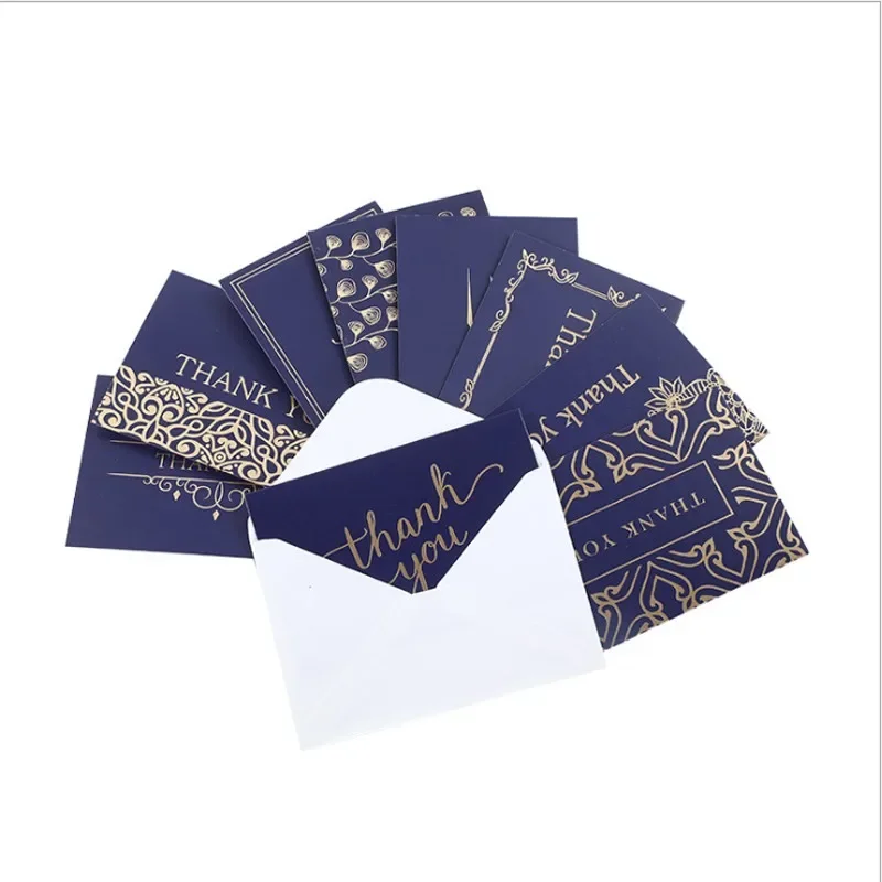 4pcs/lot blue BronzingTHANK YOU business greeting card exhibition wedding invitation card half fold card to send white envelope